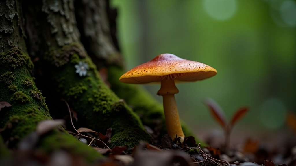Senuose medyje arti žemės auganti juoda baravykė, miško grindyse, šviesi diena