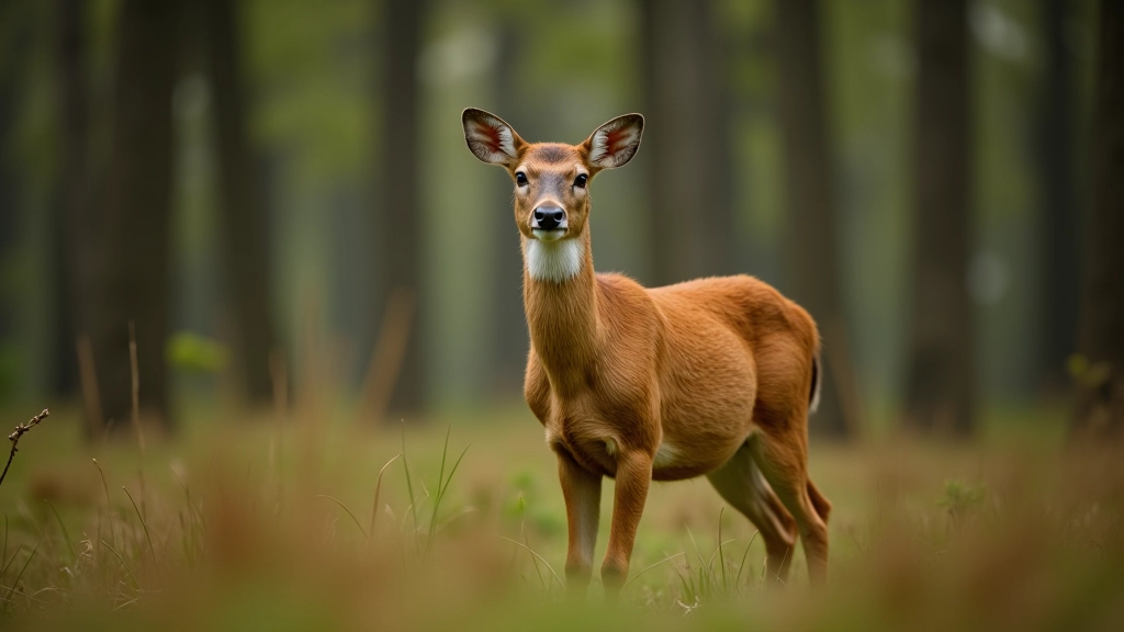 Ruda stirna stovi miško krūmuose, uoliena ir žalias krūmynas