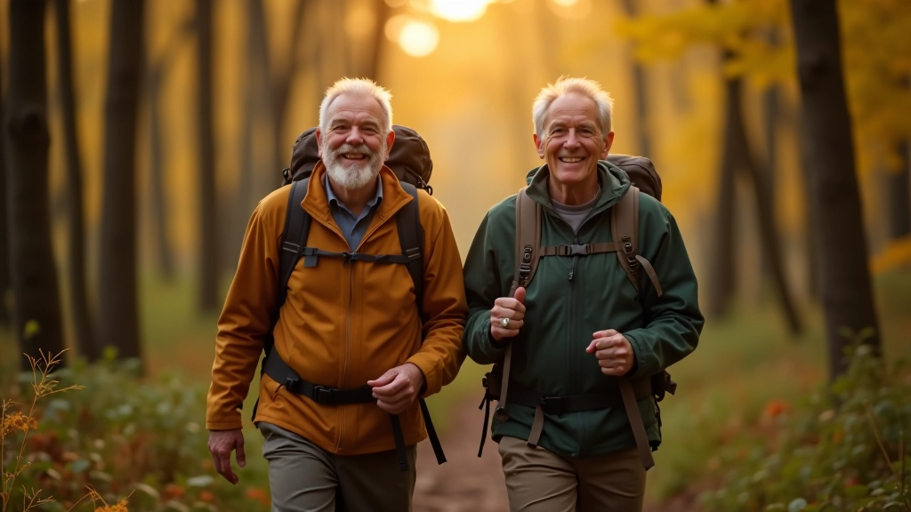 Seniorus žygiuojančius miško take su rudens spalvomis